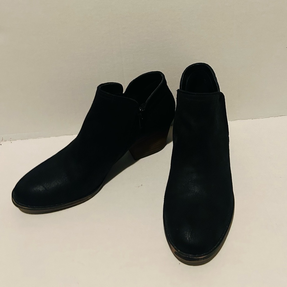 Fergie, Distressed Black Suede Ankle Booties, Size 8